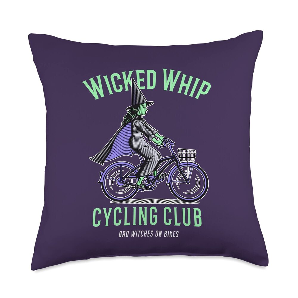 4645 Wicked Whip Cycling Club Funny Halloween Witch on Bicycle Throw Pillow
